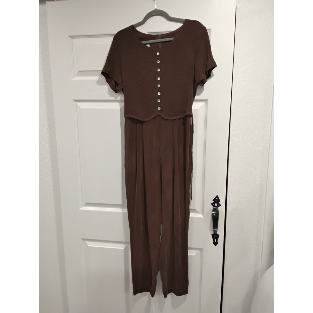 Piccalino Petites Brown Textured‎ Top Wide Leg Jumpsuit Button Front Belted 10P